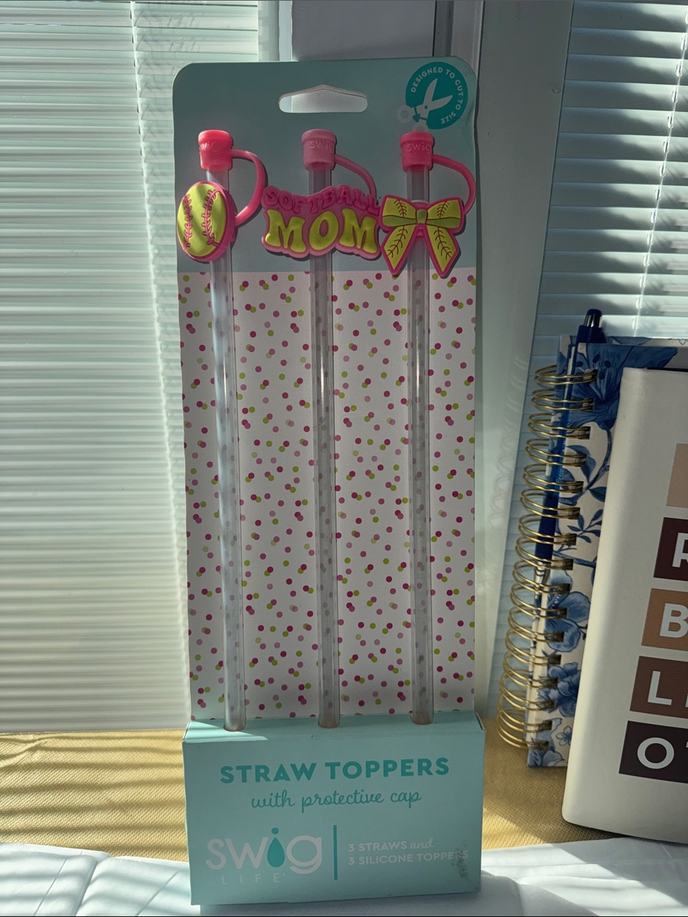 Swig Life Pink 'Softball Mom' Silicone Straw Toppers with Clear Straws